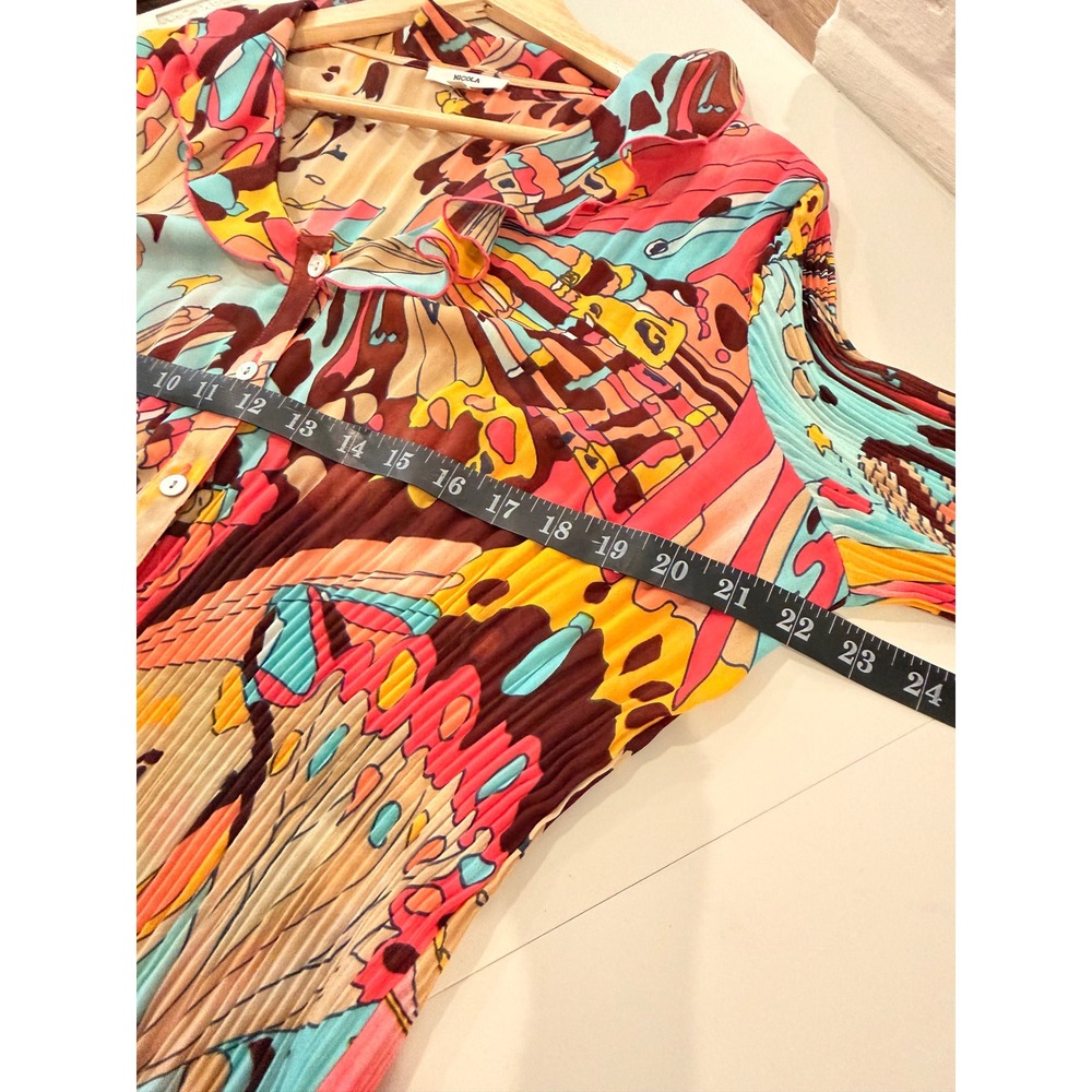 Nicola Women Butterfly‎ Print Plisse Pleated Blouse Pink Blue Y2K Bell Sleeve L - Picture 11 of 12